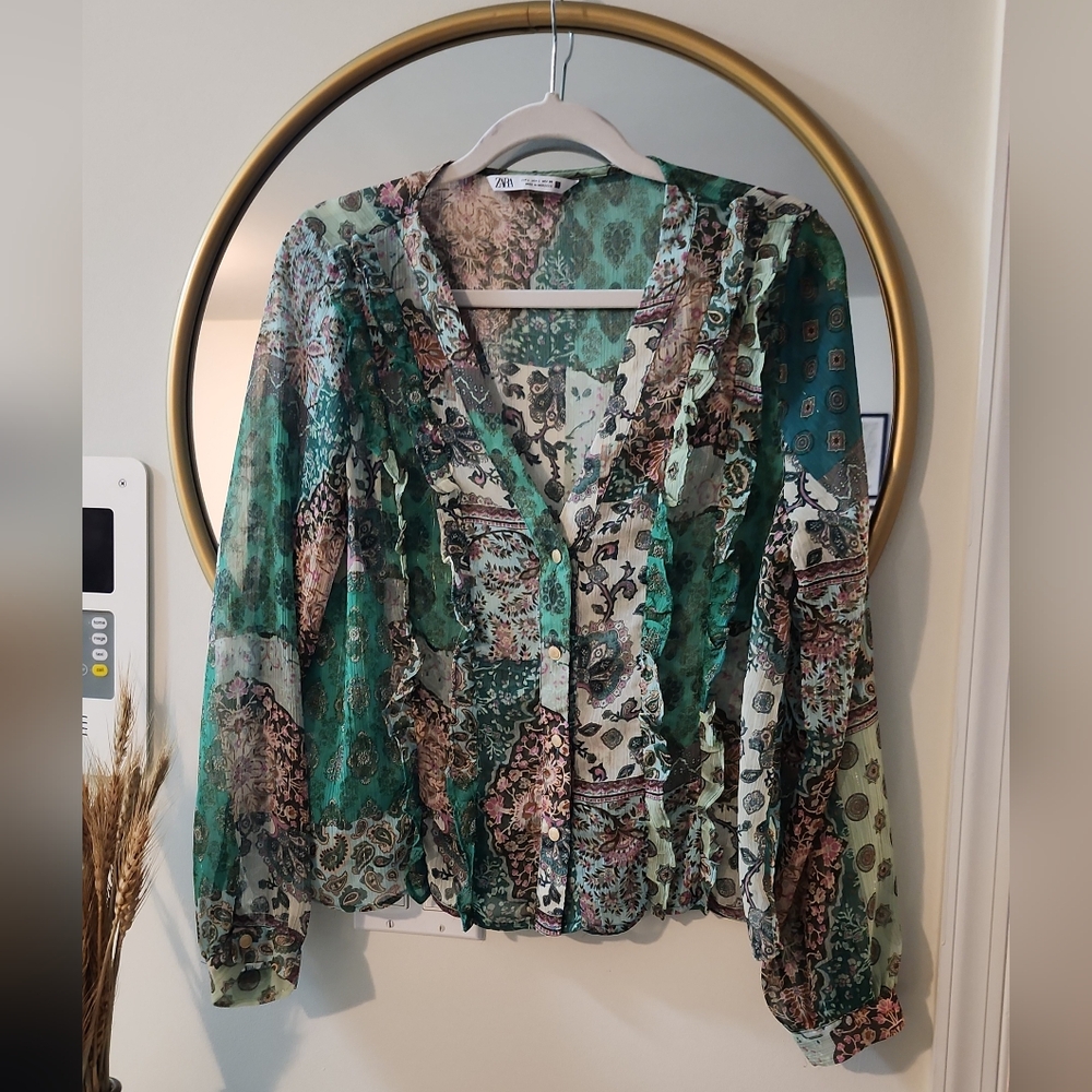 Zara Satin Patchwork Paisley Button Shirt Blouse